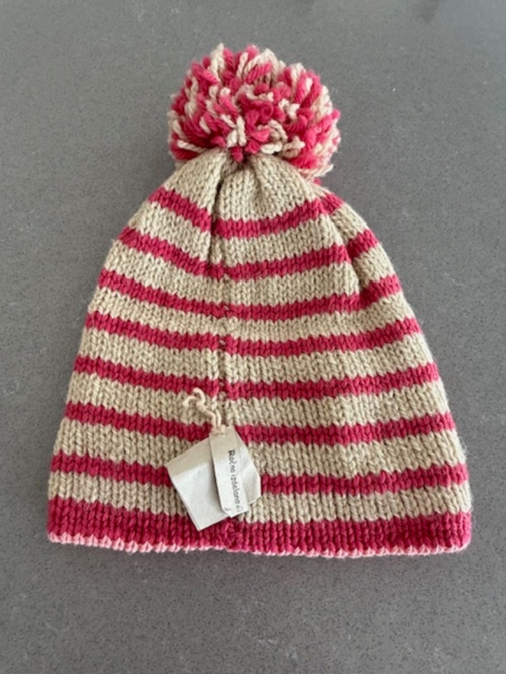 NWT-Women's 100% Wool Crochet Beanie Pink & Cream Stripe w/ Pom